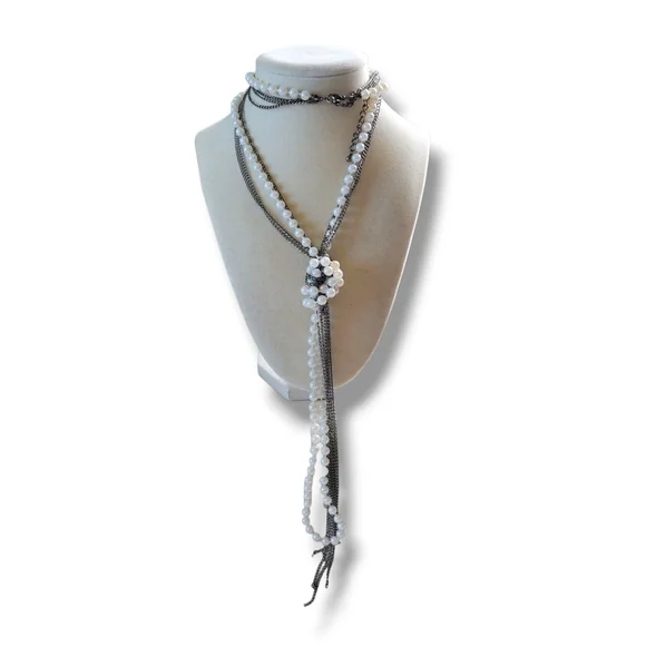 Long Elegant Silver/White Faux Pearl Beaded Knotted Lariat Tassel Necklace - Picture 12 of 12